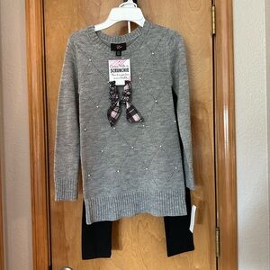 3 piece set with long grey pearl diamond sweater black leggings and scrunchie